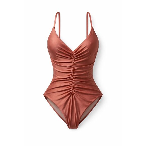 REINA Other - REINA Shimmer Copper Monokini One Piece | S Tall | Ruched Cutout Open Back